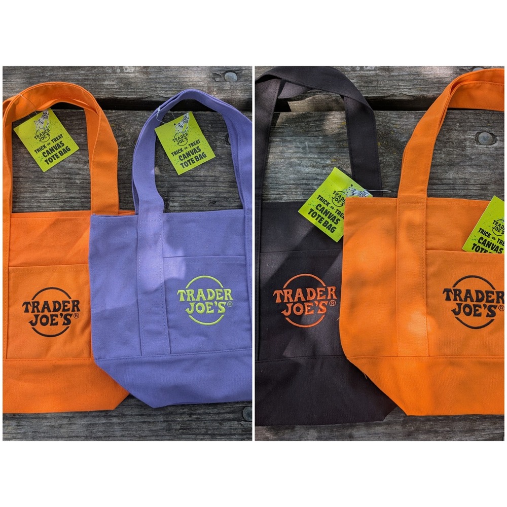 Trader Joes Halloween Mini Canvas Tote Bags Lot of 4 NWT Trick or Treat Orange